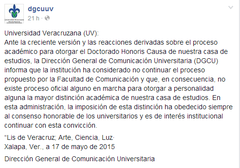 Comunicado de DGCUUV sobre cancelacion doctorado