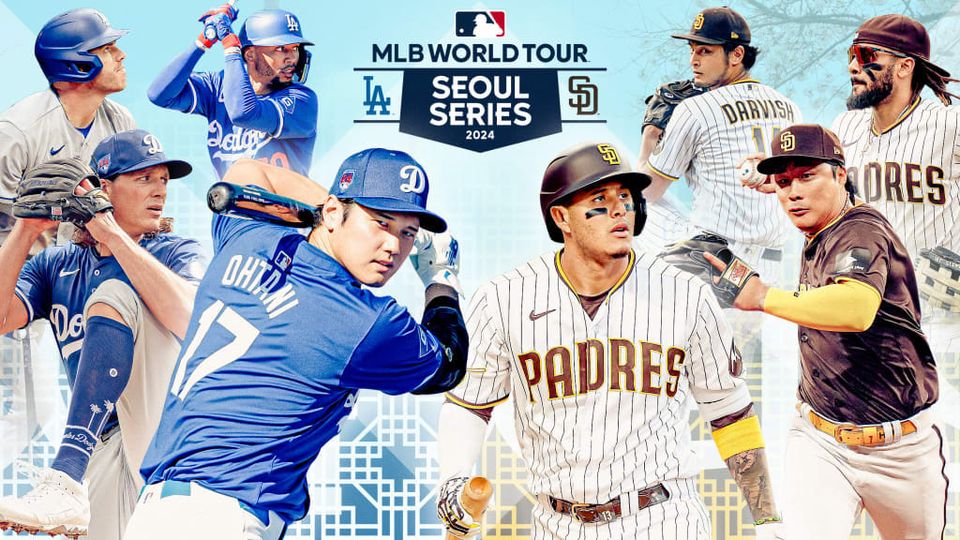 Puede ser una imagen de 7 personas y texto que dice "Lelos MLBWORLDTOUR SEOUL SERIES 5 2024 D DARVISH 5 ORES OHTANI PADRES"